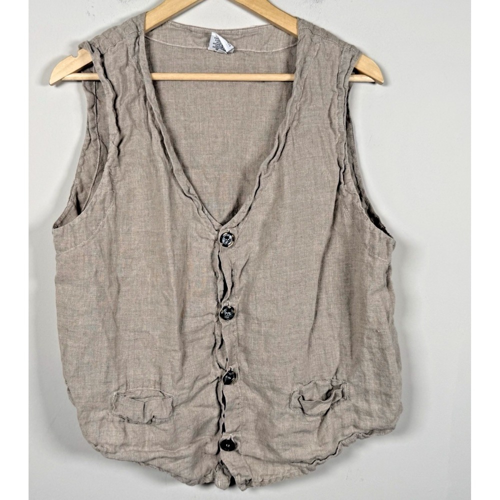 CP Shades 100% Linen Vest Top Size L Large Taupe Beige Lagenlook Coastal Granny